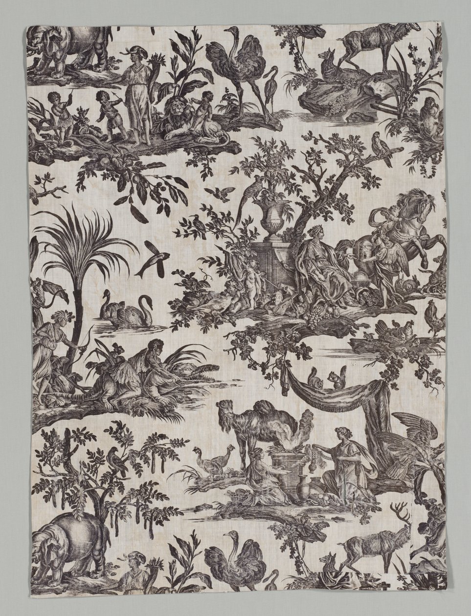 Fragmento de Algodão Impresso em Cobre com Desenho "Les quatres parties du monde" de firm of Christophe Philippe Oberkampf