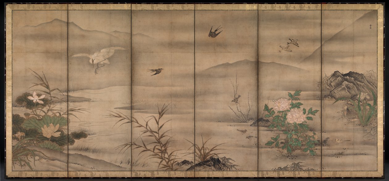 Pássaros e flores em uma paisagem das quatro estações de follower of Sesshū Tōyō