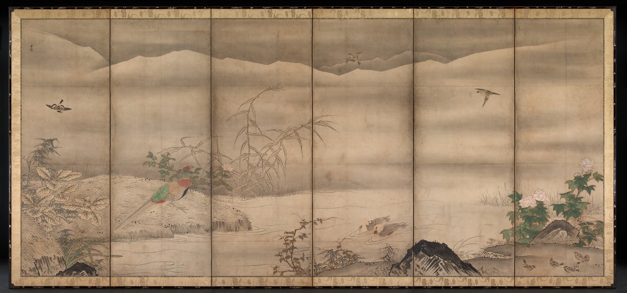 Pássaros e flores em uma paisagem das quatro estações de follower of Sesshū Tōyō
