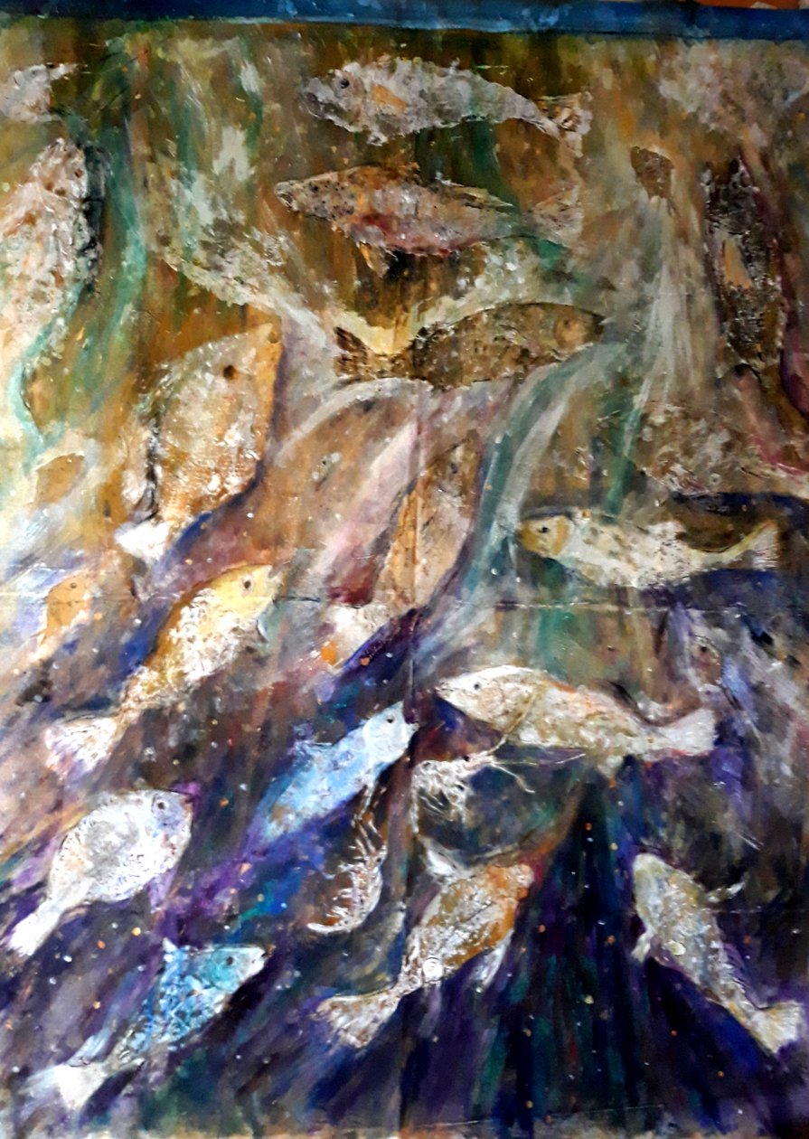 Fish Rising, 2018 (óleo sobre tela) de jocasta shakespeare