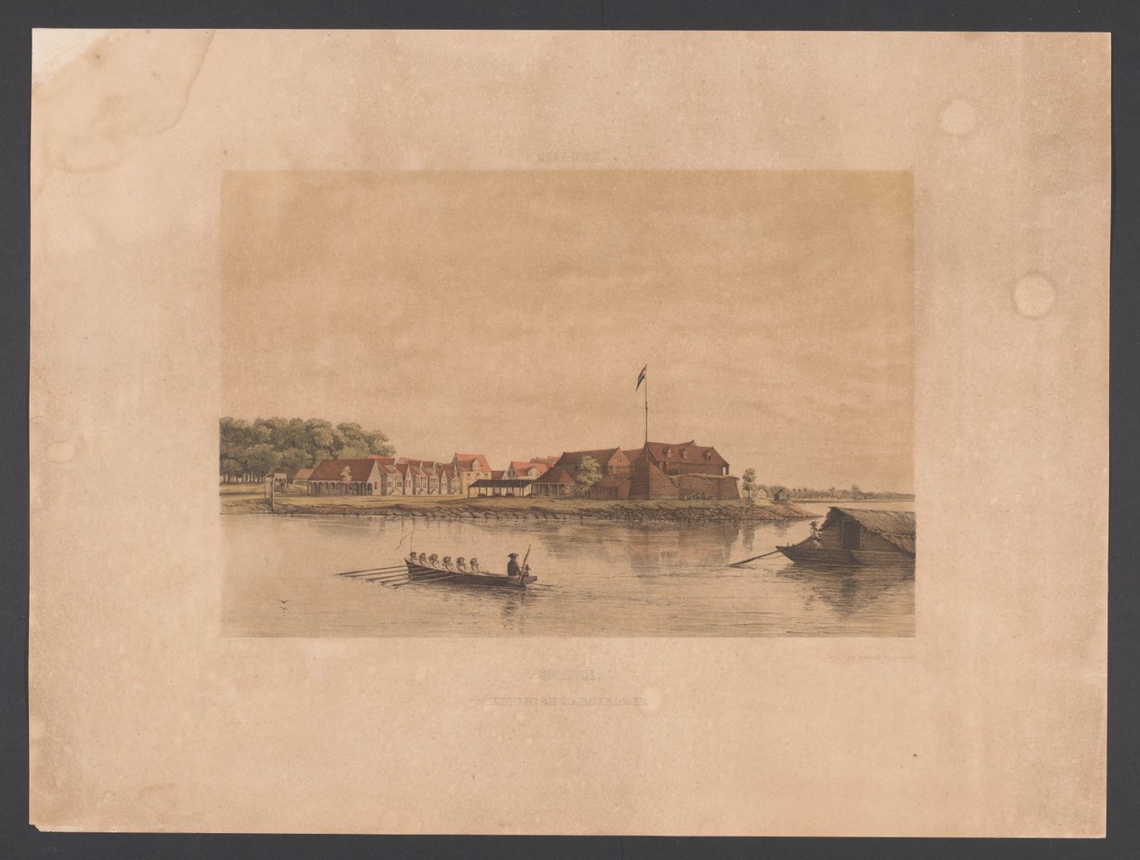 Forte Zeelandia em Paramaribo Suriname. Vista do Forte Zelandia em Paramaribo (título no objeto) Índias Ocidentais (título da série no objeto) Vistas das Índias Ocidentais da Holanda (título da série) de jonkheer Jacob Eduard van Heemskerck