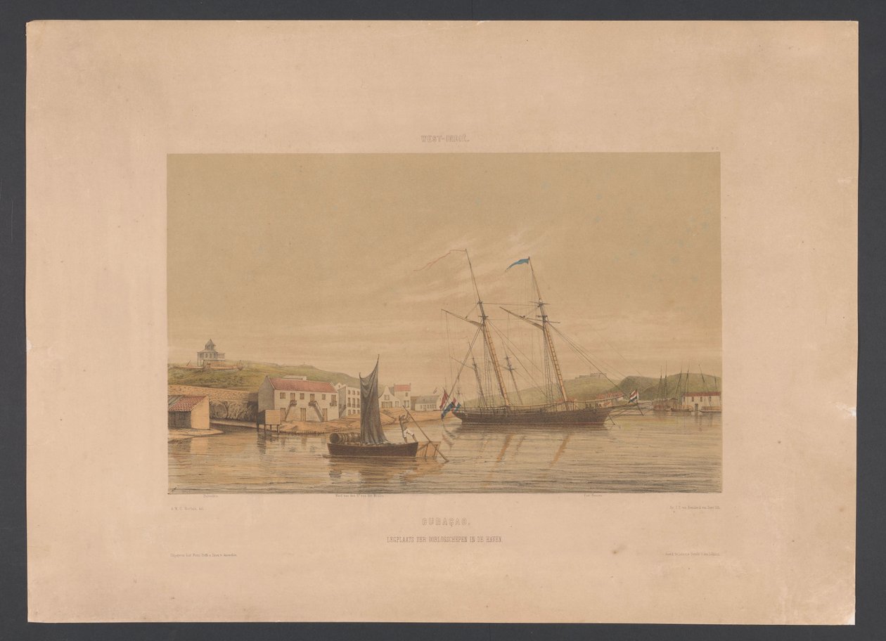 Porto de Willemstad Curaçao. Ancoradouro de navios de guerra no porto (título no objeto) Índias Ocidentais (título da série no objeto) Vistas das Índias Ocidentais da Holanda (título da série) de jonkheer Jacob Eduard van Heemskerck