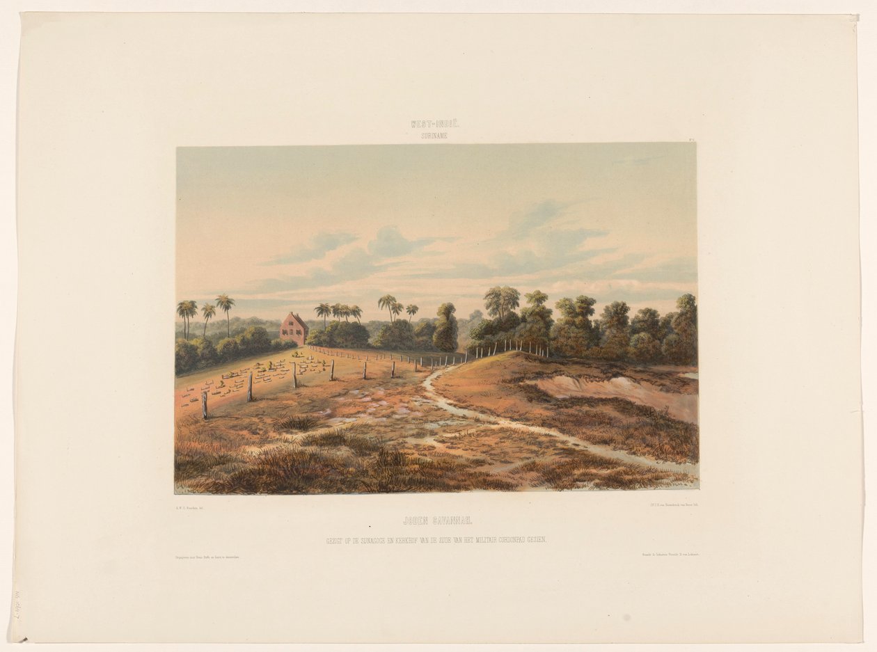 Savana Judaica Savana dos Judeus. Vista da sinagoga e cemitério do lado do Cordonpad militar (título no objeto) de jonkheer Jacob Eduard van Heemskerck