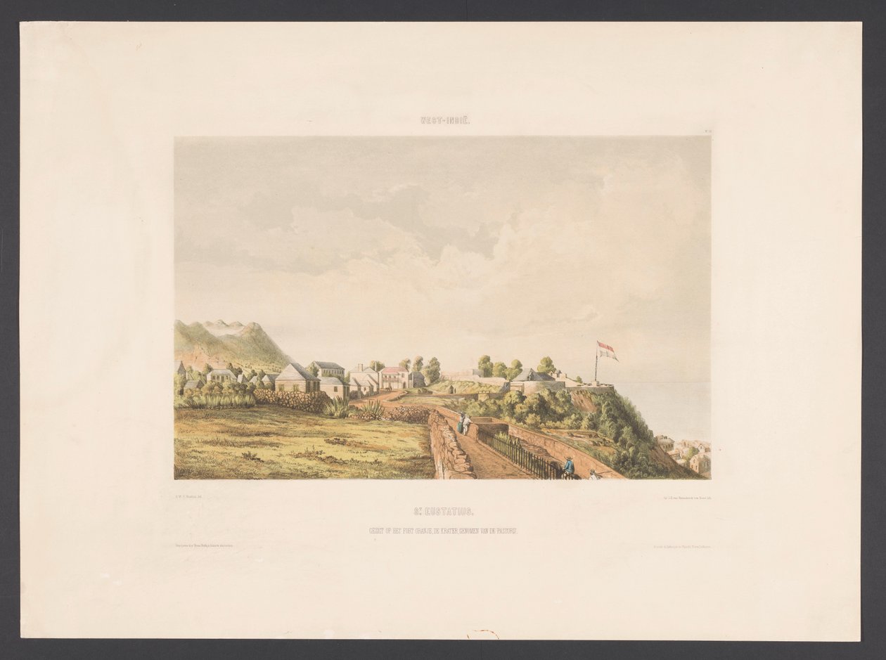 Santo Eustáquio Santo Eustáquio. Vista de Fort Oranje, a cratera, tirada da reitoria (título no objeto) Índias Ocidentais (título da série no objeto) Vistas das Índias Ocidentais da Holanda (título da série) de jonkheer Jacob Eduard van Heemskerck