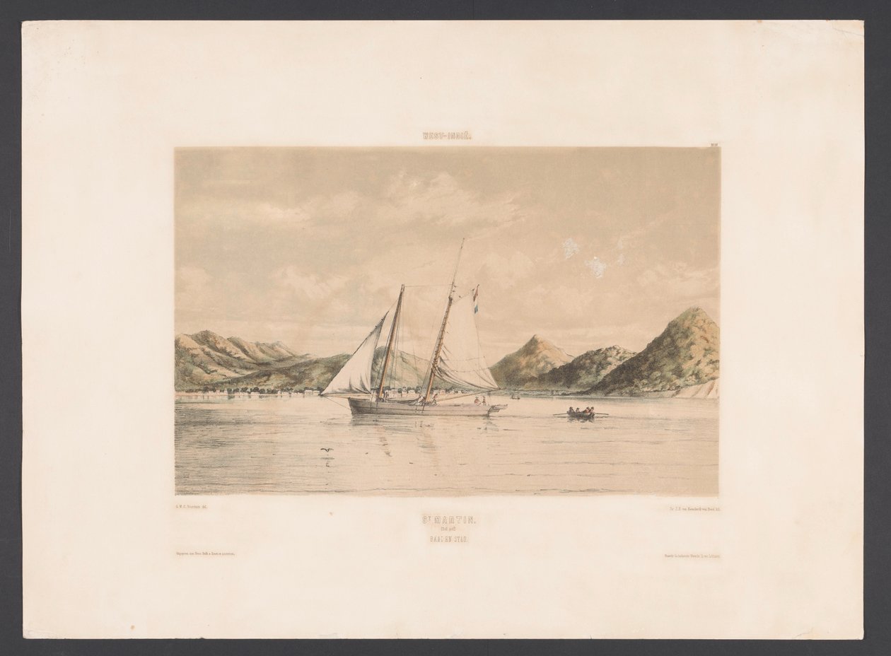 São Martinho São Martinho. Baía e cidade (título no objeto) Índias Ocidentais (título da série no objeto) Vistas das Índias Ocidentais da Holanda (título da série) de jonkheer Jacob Eduard van Heemskerck