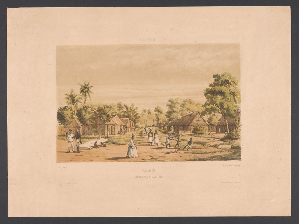 Casas de pessoas escravizadas em uma plantação do Suriname Suriname. Um acampamento de escravos de plantação (título no objeto) Índias Ocidentais (título da série no objeto) Vistas das Índias Ocidentais da Holanda (título da série) de jonkheer Jacob Eduard van Heemskerck