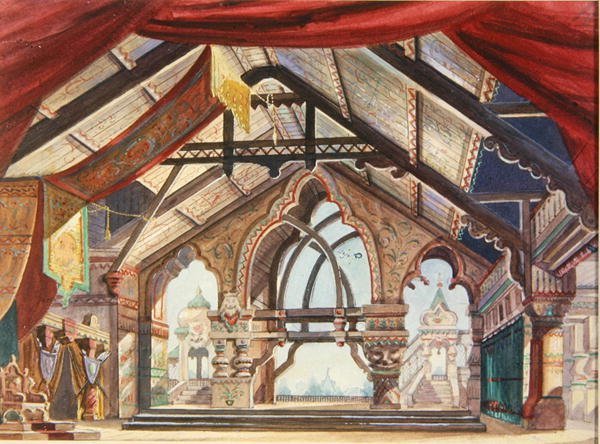 Design de palco para Rimsky-Korsakovs Snow Maiden (wc e óleo sobre papel) de karl Fyodorovich Valz