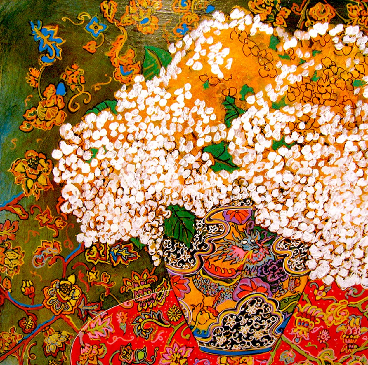 Flores em vaso chinês, 2016 (misto, acrílico, tinta, óleo) de linda arthurs
