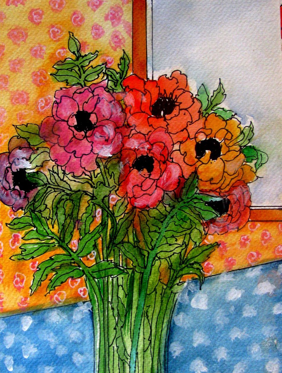Flores em vaso, 2014 (aguarela, tinta) de linda arthurs