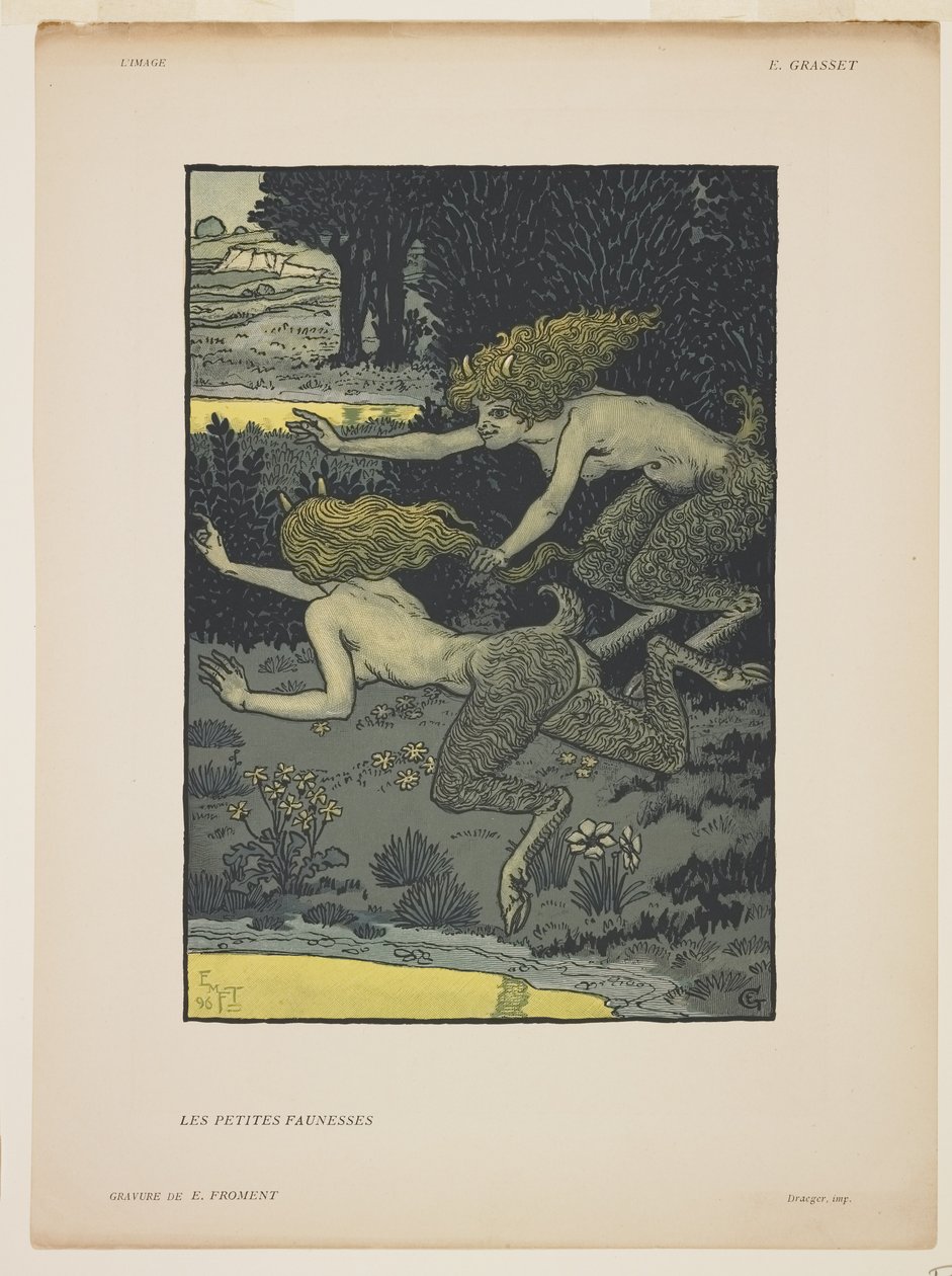 The Little Faunesses, 1896 (cor gravura em madeira) de Émile Froment