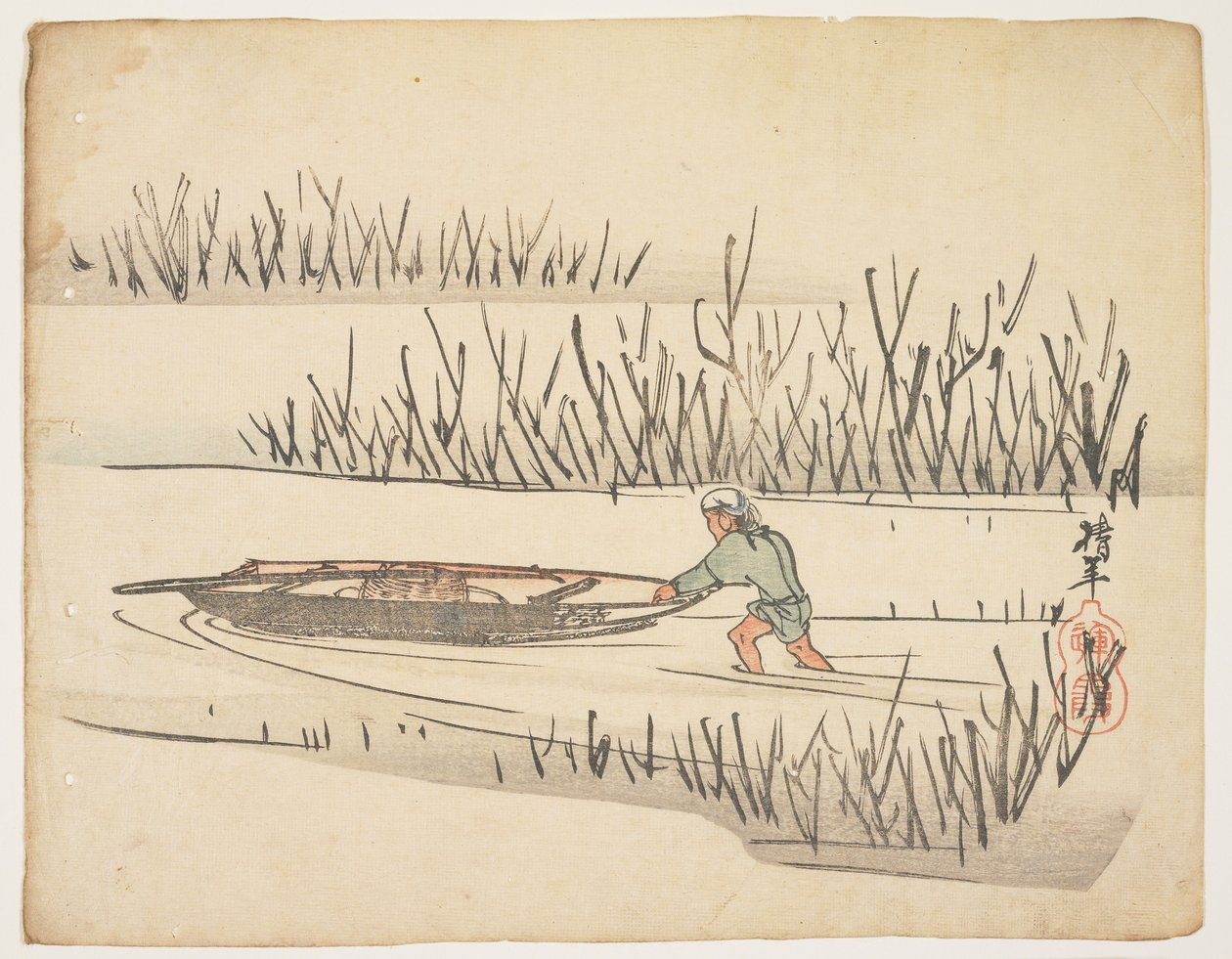 Empurrando o barco no pântano (impressão woodblock de cor) de nishi Chinnen