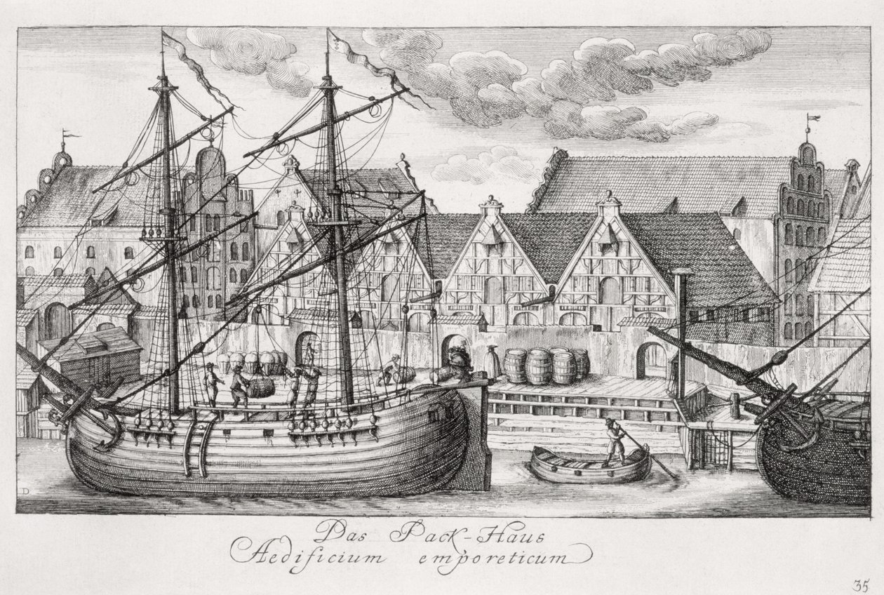 Carregamento na Ilha Granary, de &39;Fifty Views of Gdansk&39;, gravado por Matthaeus Deisch (1724-1789) 1761-65 de Friedrich Anton Lohrmann or Lormann