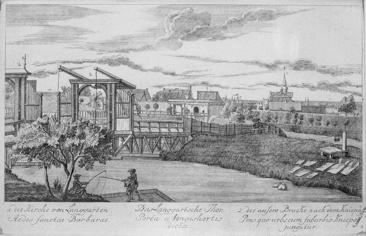Portão da cidade em Gdansk Mostrando os longos jardins, de &39;Cinquenta vistas de Gdansk&39;, gravadas por Matthaeus Deisch (1724-1789) 1761-65 de Friedrich Anton Lohrmann or Lormann