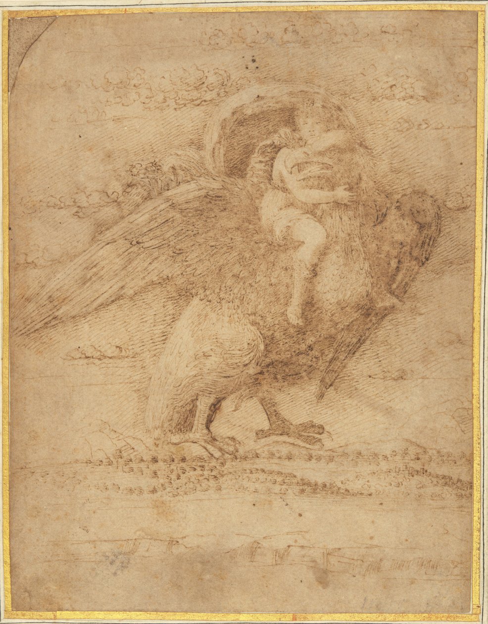 Júpiter e Ganimedes acima de uma extensa paisagem de or Andrea Mantegna Giovanni Bellini