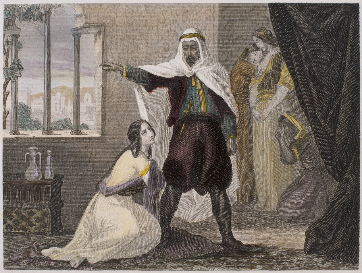 O rapto da bela Zhoraydah, ilustração da História dos piratas e corsários do Oceano e do Mediterrâneo por P. Christian, 1842-52 de or Ciappori Puche, Claudius Joseph Ciappori