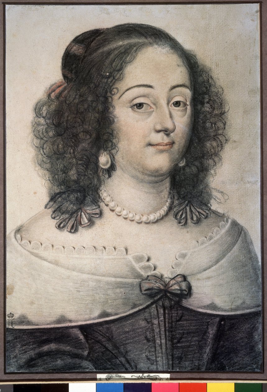 "Retrato de uma Mulher" Provavelmente a Rainha de Inglaterra Henrietta Maria (1609-1669). Desenho a giz por Daniel Dumoustier (ou Dumonstier) (1574-1646) 1640 Museu Pushkin, Moscovo de or Dumoustier Daniel Dumonstier