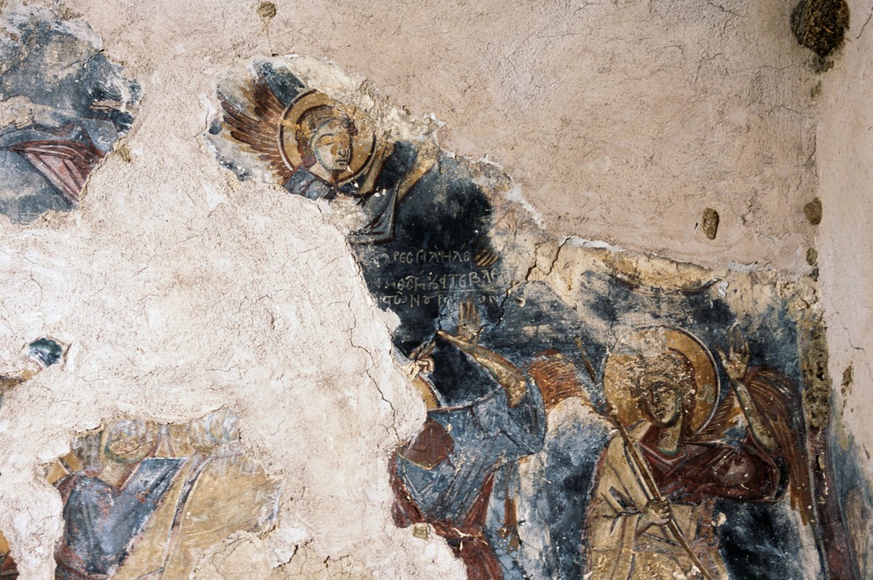 Anjo e santo, detalhe do afresco na igreja de Agios Georgios Apodoulou, Apodoulou, Creta, Grécia (foto) de Theodore Charles Ange Coquelin