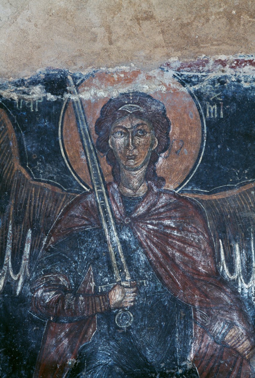 Anjo segurando espada, afresco na igreja bizantina de São Jorge, Komitades, Creta, Grécia (foto) de Theodore Charles Ange Coquelin