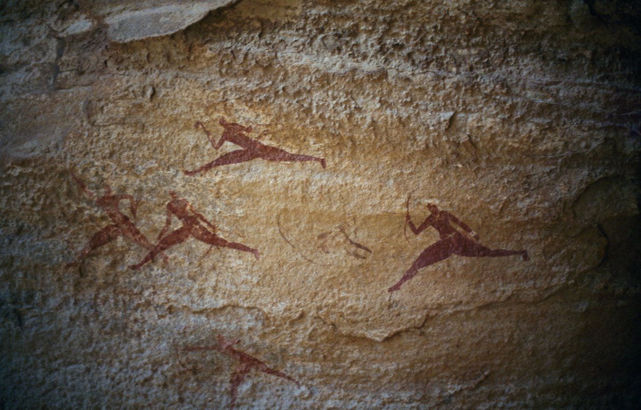 Archers running, cave painting, Tassili n