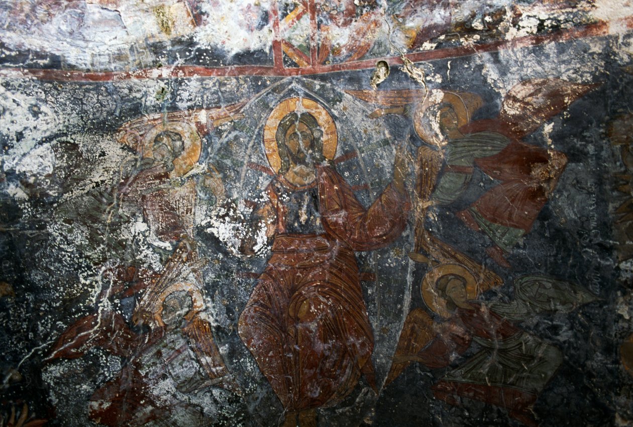 Cristo com anjos e santo, afresco na igreja de Panagia, Kitiros, Creta, Grécia (foto) de Theodore Charles Ange Coquelin