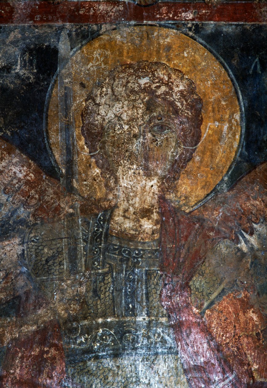 Figura de santo, afresco na igreja bizantina de Agios Constantinos e Agia Eleni, Voukolies, Creta, Grécia (foto) de Theodore Charles Ange Coquelin