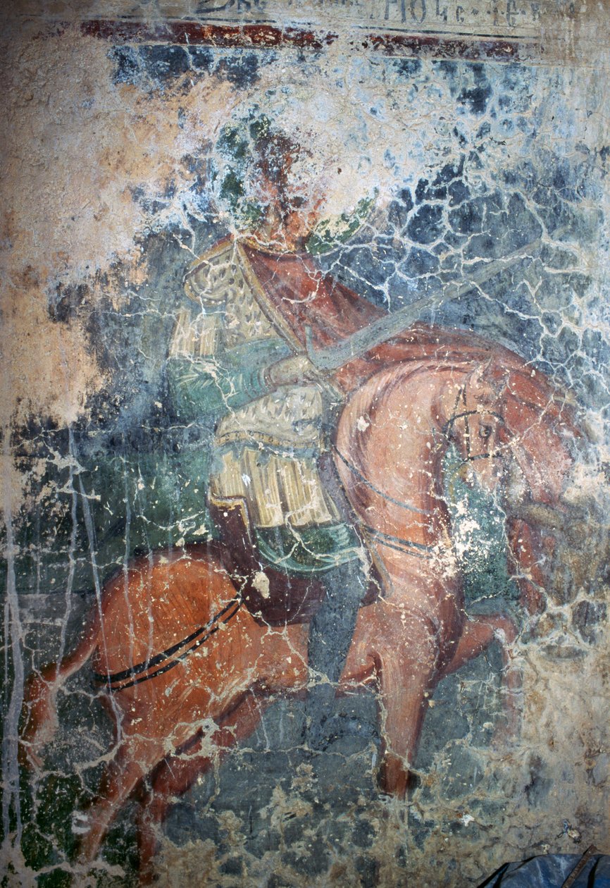 Homem a cavalo com espada, afresco na igreja bizantina de Agios Athanasios, Kefali, Creta, Grécia (foto) de Theodore Charles Ange Coquelin