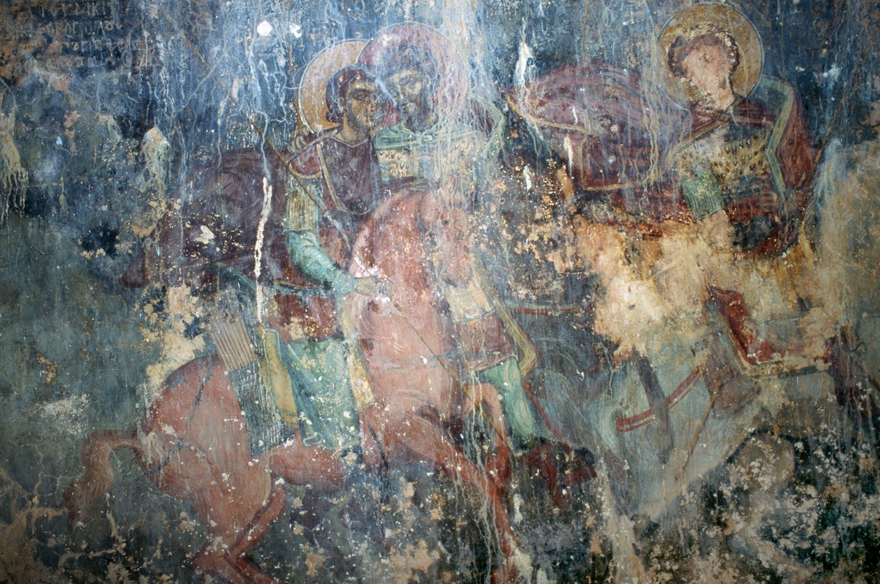 Santos a cavalo, fresco na igreja bizantina de Agios Athanasios, Kefali, Creta, Grécia (foto) de Theodore Charles Ange Coquelin