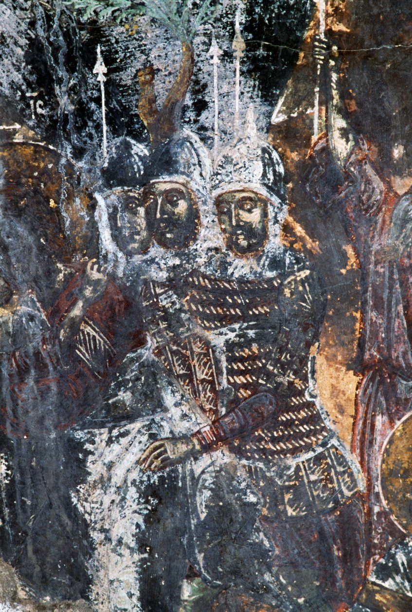 Soldado, afresco danificado no teto da igreja de Agios Vasileios, Vavouledo, Creta, Grécia (foto) de Theodore Charles Ange Coquelin