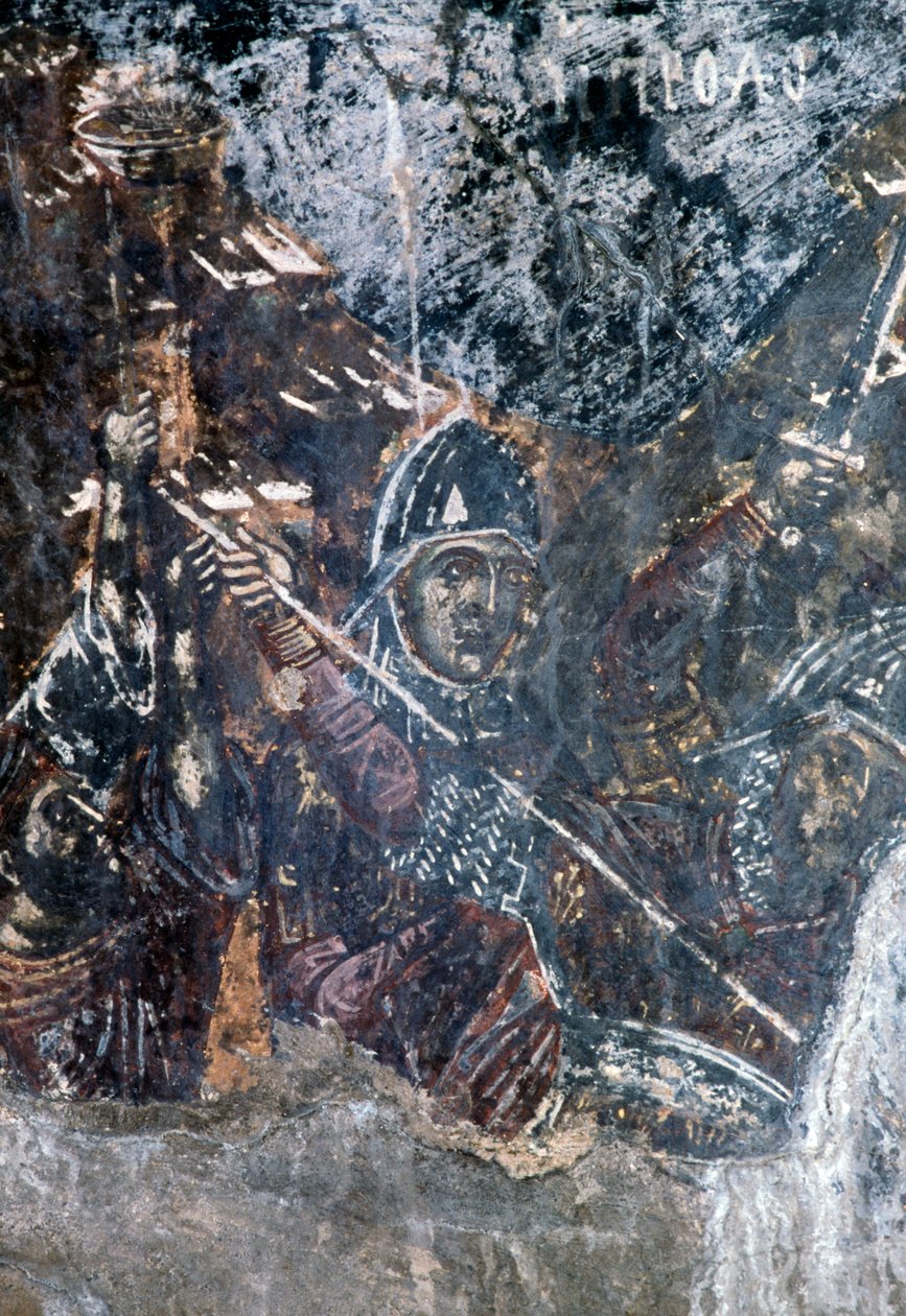 Soldado, afresco danificado no teto da igreja de Agios Vasileios, Vavouledo, Creta, Grécia (foto) de Theodore Charles Ange Coquelin