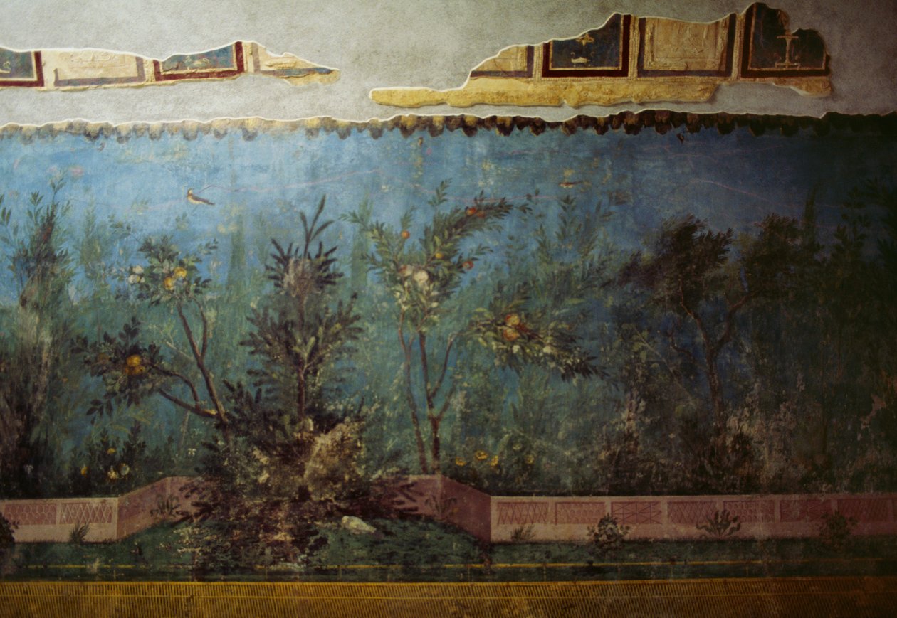 Fresco retratando um jardim com árvores e pássaros, da Casa de Livia na colina de Palatino, Roma, Itália. A civilização romana de Unbekannt Unbekannt