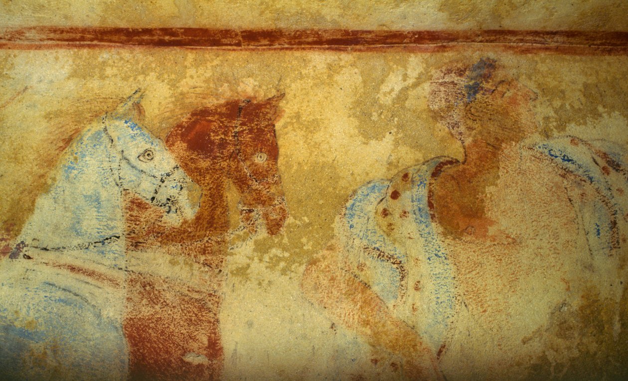 Procissão fúnebre com cavalos e figuras masculinas, fresco, detalhe, Túmulo dos Demónios Azuis, Necrópole de Tarquinia (UNESCO World Heritage List, 2004), Lazio, Itália. Civilização etrusca, século V a.C. (foto) de Unbekannt Unbekannt