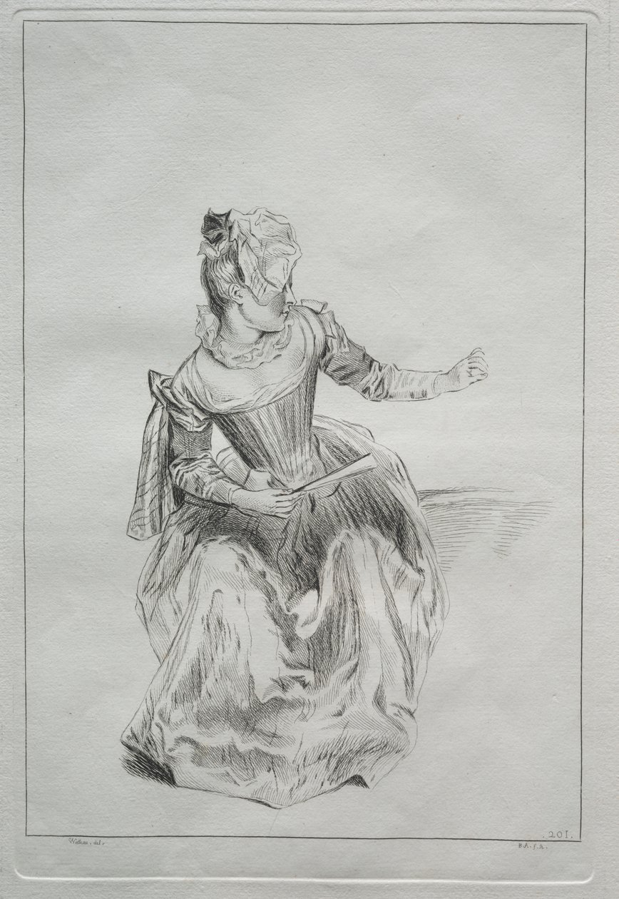 Mulher segurando um ventilador de possibly by Benoit II Audran