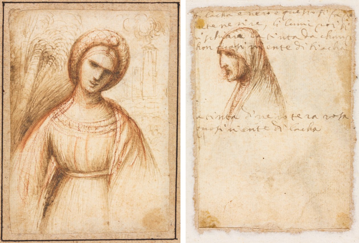 Dama na Paisagem (reto); Perfil do busto de uma velha (verso) de possibly by Dosso Dossi