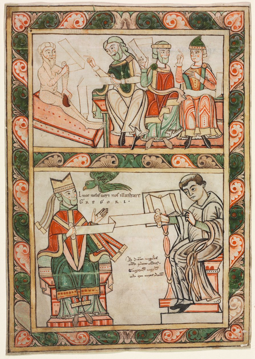 Página de rosto de "Moralia" de São Gregório: Jó Visitado por Seus Três Amigos (acima) e Gregório Magno e Seu Diácono Pedro (abaixo) de probably by Abbot Frowin