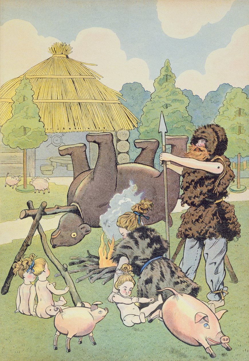 Uma família gaulesa cozinhando um urso, ilustração de &39;Let&39;s Play History&39; de Montorgueil, c.1910 de Jacques Marie Gaston Onfray de Breville (Job)