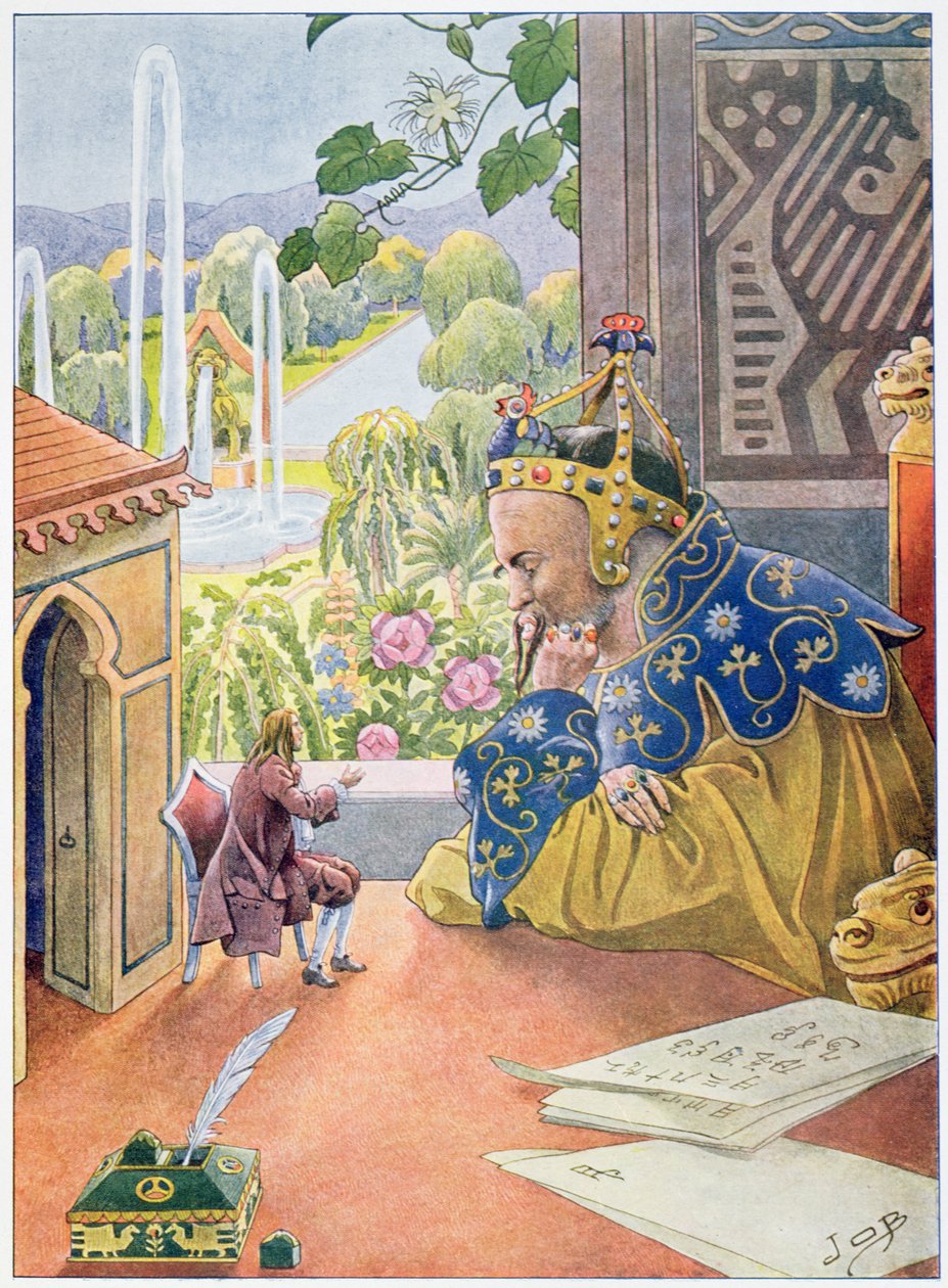 Gulliver descreve o sistema de governo na Inglaterra para o rei de Brobdingnag, c.1900 de Jacques Marie Gaston Onfray de Breville (Job)