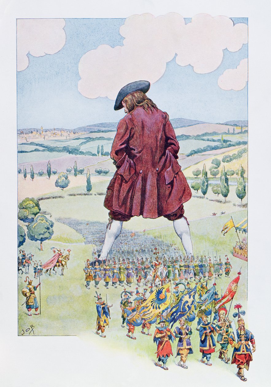 Gulliver inspecionando o exército liliputiano, ilustração de uma edição francesa de &39;Gulliver&39;s Travels&39;, c.1900 de Jacques Marie Gaston Onfray de Breville (Job)