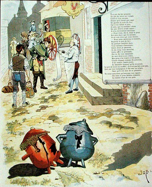 Ilustração para o pote de barro e o pote de ferro, de fábulas por Jean de La Fontaine (1621-95) (gravura de cor) de Onfray de Breville Job
