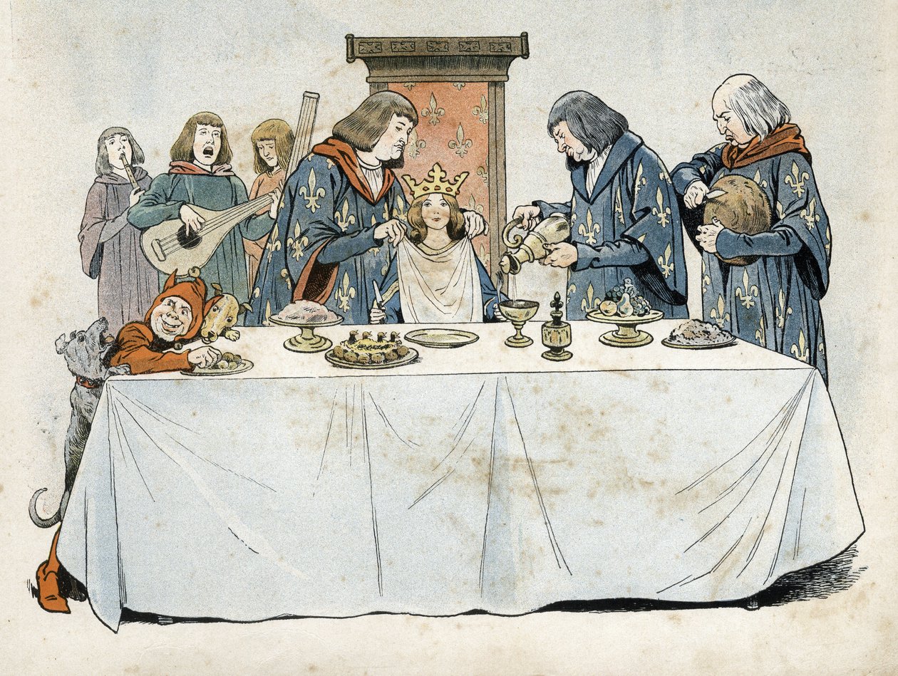 Uma menina com uma coroa senta-se num trono, numa mesa de banquete. Um grande esong lhe serviu uma bebida, um grande cestinha cortou-lhe o pão e um grande camareiro amarrou-lhe uma toalha ao pescoço. Troubadours e um anão a entreteram. Alegoria da economia de pseudonym for Onfray de Breville Jacques Job