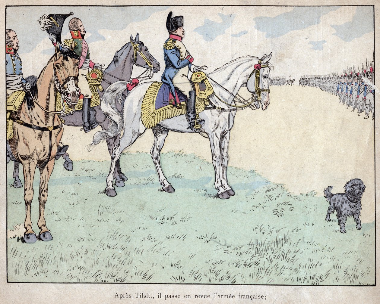 Apres Tilsit - Napoleão revisando o exército francês após a assinatura dos Tratados de Tilsit, 7 de julho de 1807 - litografia de Job (Jacques Onfroy de Breville) de "Le Grand Napoleon des Petites Enfants" 1893 de pseudonym for Onfray de Breville Jacques Job