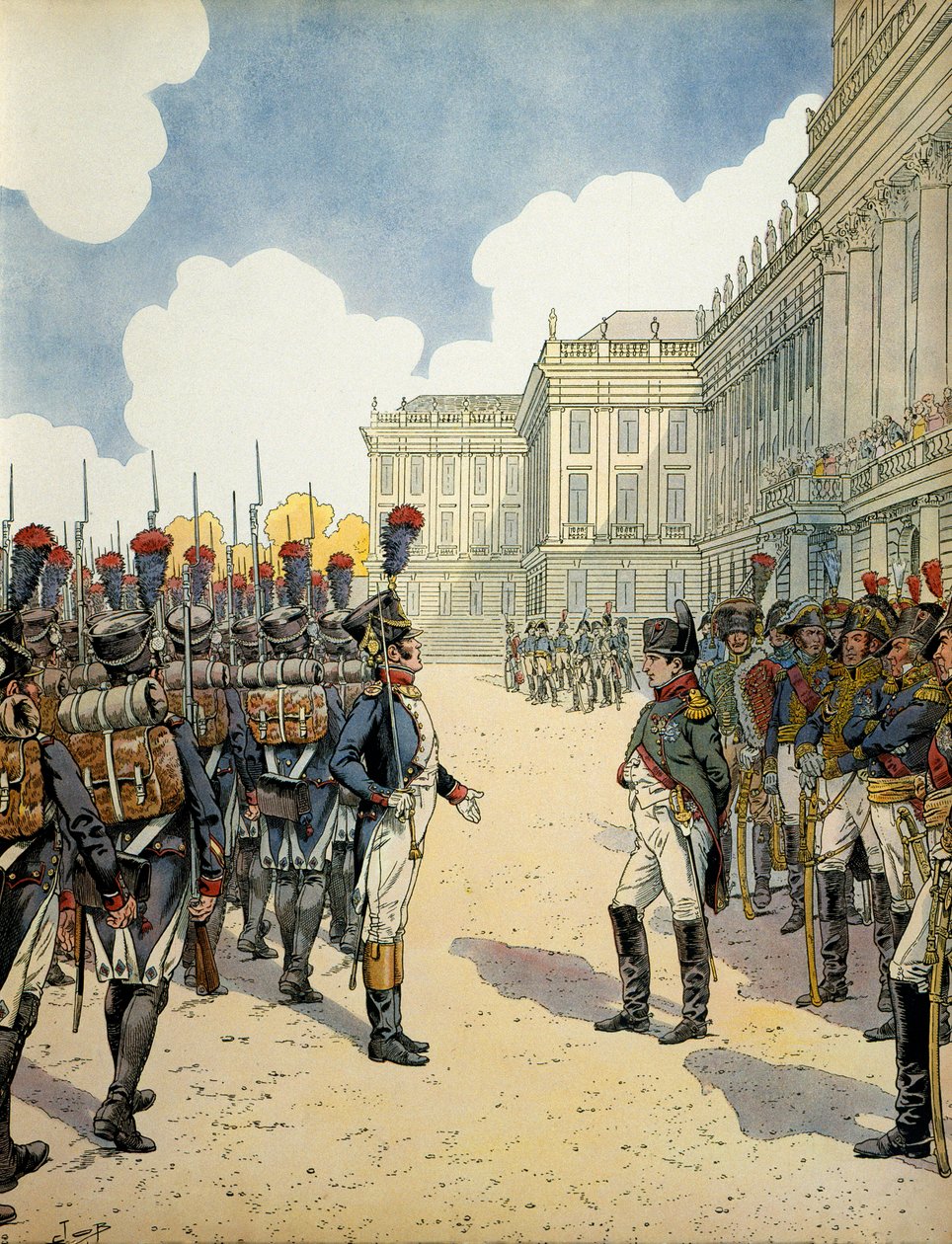 Em Schoebrunn, Napoleão I Bonaparte (1769-1821) analisou as tropas antes da Batalha de Wagram, em 5 e 6 de julho de pseudonym for Onfray de Breville Jacques Job