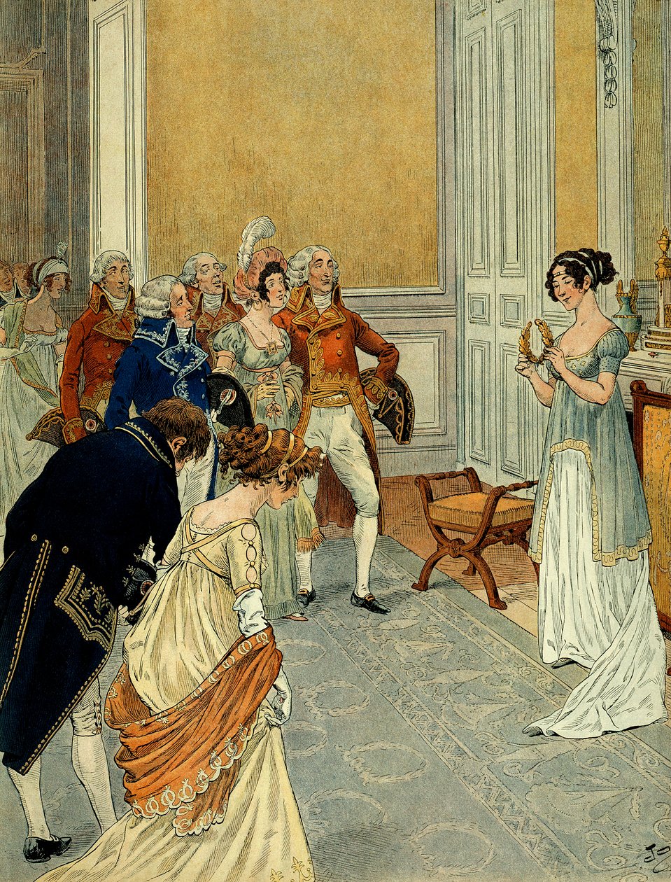Nas Tuileries, ministros, diplomatas e conselheiros de estado deixam os cônsules que anunciaram a vitória de Marengo (a primeira campanha italiana (1796-1797) vieram felicitar Josephine de Beauharnais (1763-1814); ela segura uma coroa de louros separada de pseudonym for Onfray de Breville Jacques Job