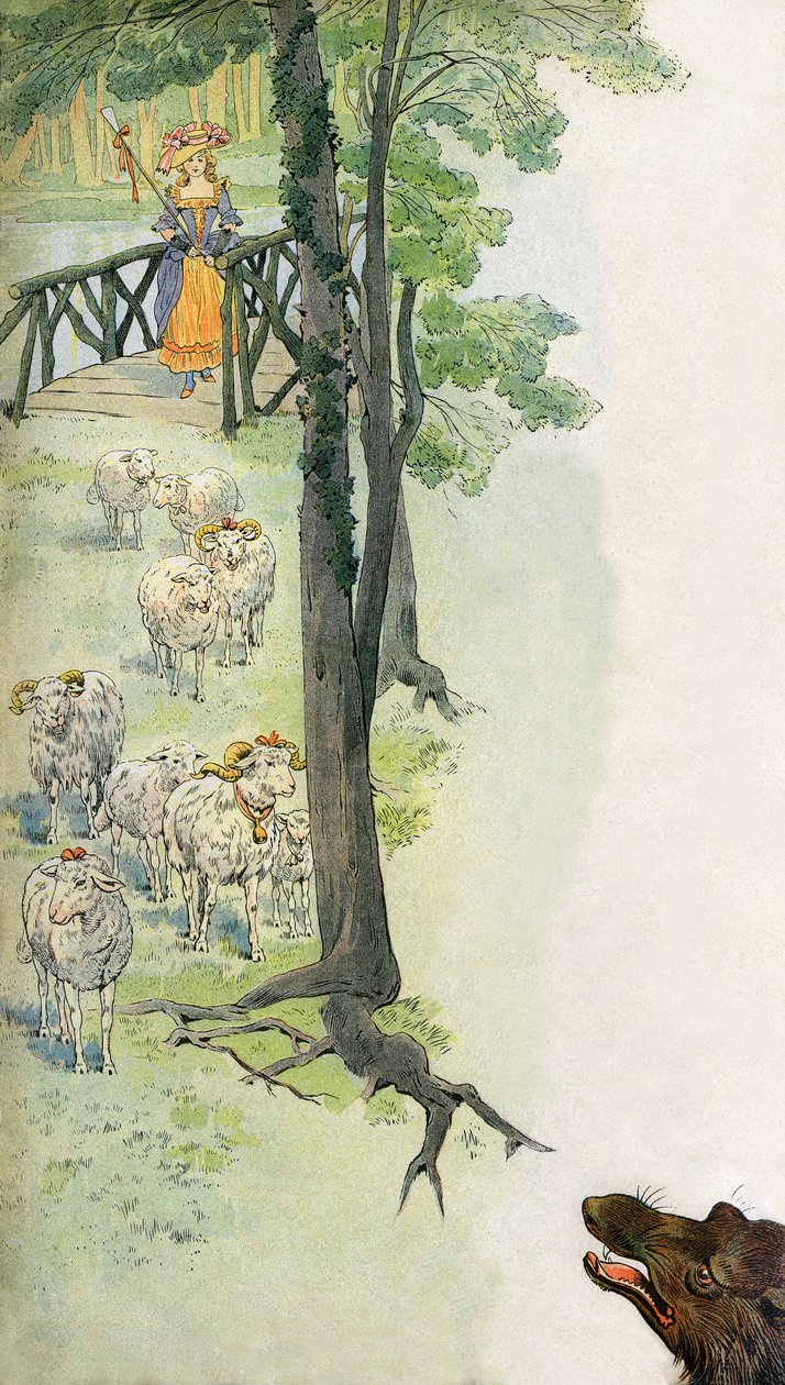 Bergere guardando as suas ovelhas (ovelhas e borrelhos) no campo, sob o olhar ameaçador de um lobo - Ilustração de Job (Jacques Marie Gaston Onfroy de Breville) (1858-19131) para o livro "La Cantiniere" de G. Montorgueil, cerca de 1900 de pseudonym for Onfray de Breville Jacques Job
