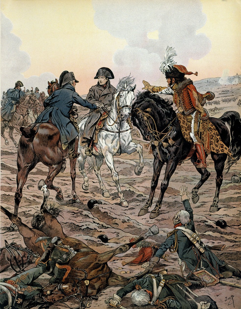 Campanha da Áustria (1805): Na Batalha de Ulm (entre 15 e 17 de Outubro de 1805), Louis Alexandre (Louis-Alexandre) Berthier (1753-1815) e Joachim Murat (1767-1815) pediram ao Imperador que se afastasse do campo de batalha pela sua segurança - Em "Napoleão de pseudonym for Onfray de Breville Jacques Job