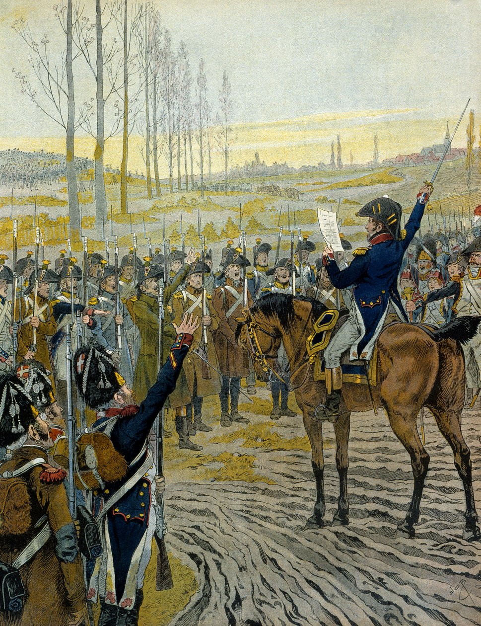 Campanha da Áustria (1805): Proclamação do Imperador Napoleão I Bonaparte (1769-1821) às tropas antes da Batalha de Austerlitz, a 2 de Dezembro de 1805. Em "Napoleão", de Georges Montorgueil. Ilustração de Jacques Marie Gaston Onfray de Breville dit JOB. de pseudonym for Onfray de Breville Jacques Job