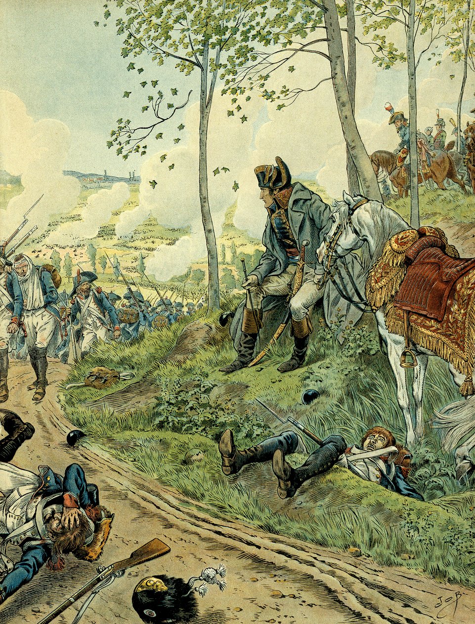 Campanha da Itália (1799-1800): Napoleão I Bonaparte (1769-1821) na Batalha de Marengo a 14 de Junho de 1800 em Piemont (Itália), opondo-se às armees napoleónicas e austríacas. Ilustração de Jacques Marie Gaston Onfray de Breville dit JOB (1858-1931). Priv de pseudonym for Onfray de Breville Jacques Job