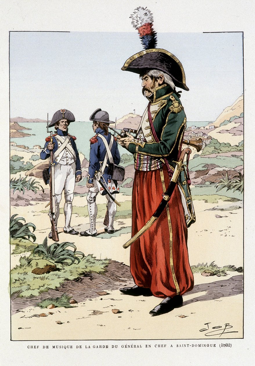 Chefe de música da guarda do general em St Domingo, em 1802 - em "Outfit des troupes de France: armee de terre et de mer à toutes les epoques", doente. por Job de pseudonym for Onfray de Breville Jacques Job