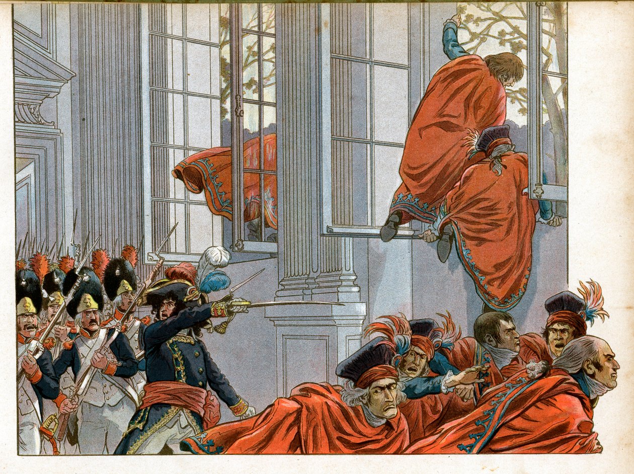 Consulado: Joachim Murat (1767-1815) entra na Câmara do Conselho dos Cinco Cêntimos (Sala dos 500) com 50 homens para expulsar os Senadores durante o golpe de Estado dos 18 nevoeiros (11/9/1799) que pôs fim à Junta Executiva e deu à luz o de pseudonym for Onfray de Breville Jacques Job