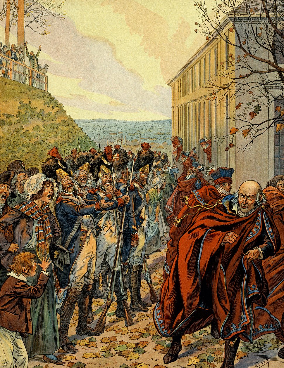 Golpe de Estado de Napoleão I Bonaparte (1769-1821): Vôo do Conselho de Cinco Centavos (5 Centavos) (sala 500) em 19 brumaire (10 de novembro de pseudonym for Onfray de Breville Jacques Job