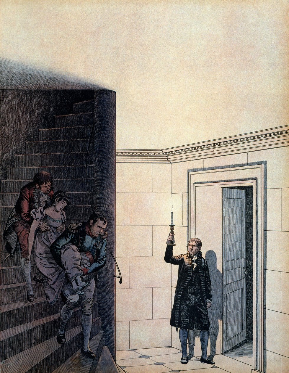 O Imperador Napoleão I Bonaparte (1769-1821) e seu camareiro após o anúncio de seu divórcio em 1809, o Imperador Josefina (1763-1814) havia desaparecido em seu quarto. Em "Napoleão", de Georges Montorgueil. Ilustração de Jacques Marie Gaston Onfray de pseudonym for Onfray de Breville Jacques Job